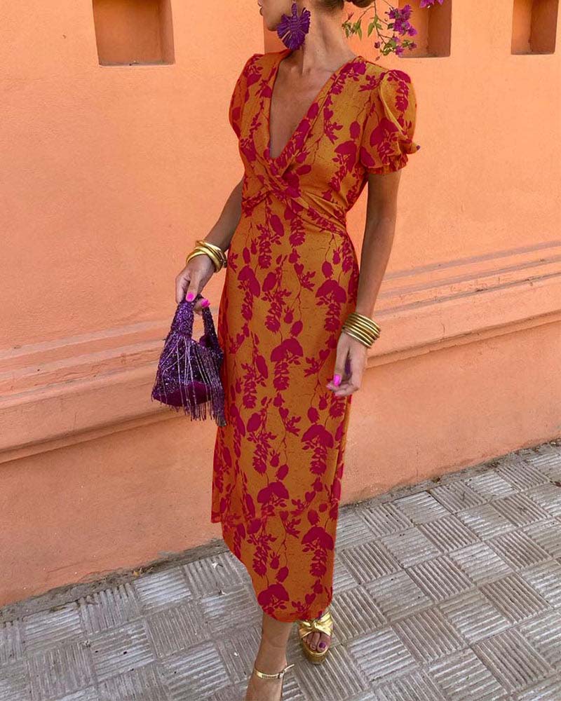 Abito lungo floreale da donna con scollo a V e maniche corte leggere