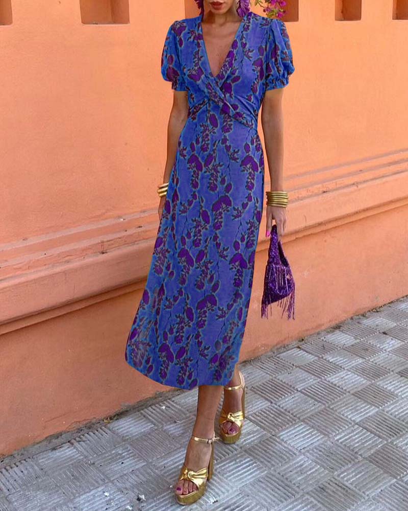 Abito lungo floreale da donna con scollo a V e maniche corte leggere