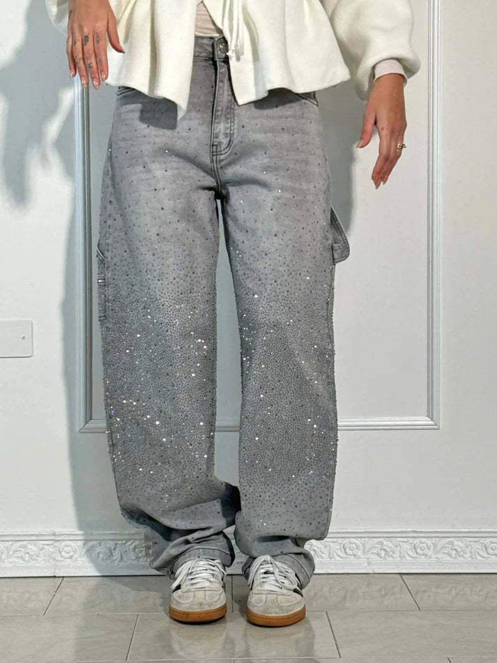 Pantaloni Federica eleganti a gamba larga con dettagli scintillanti in tessuto premium