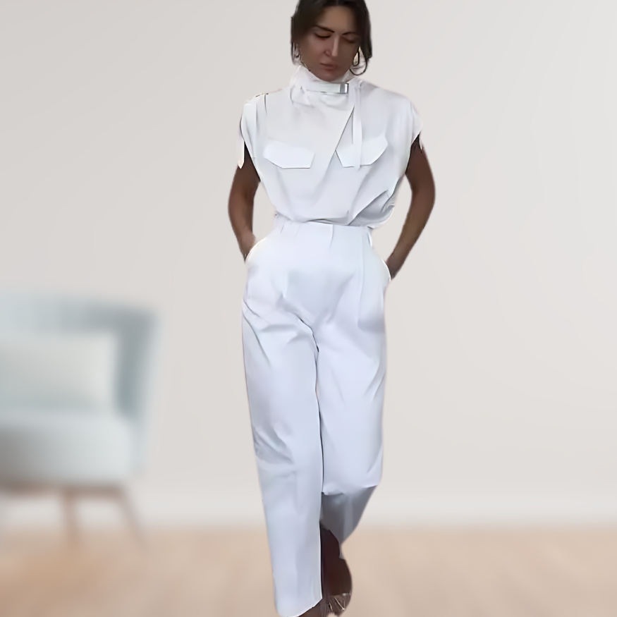 Completo da donna elegante a due pezzi con cintura in vita