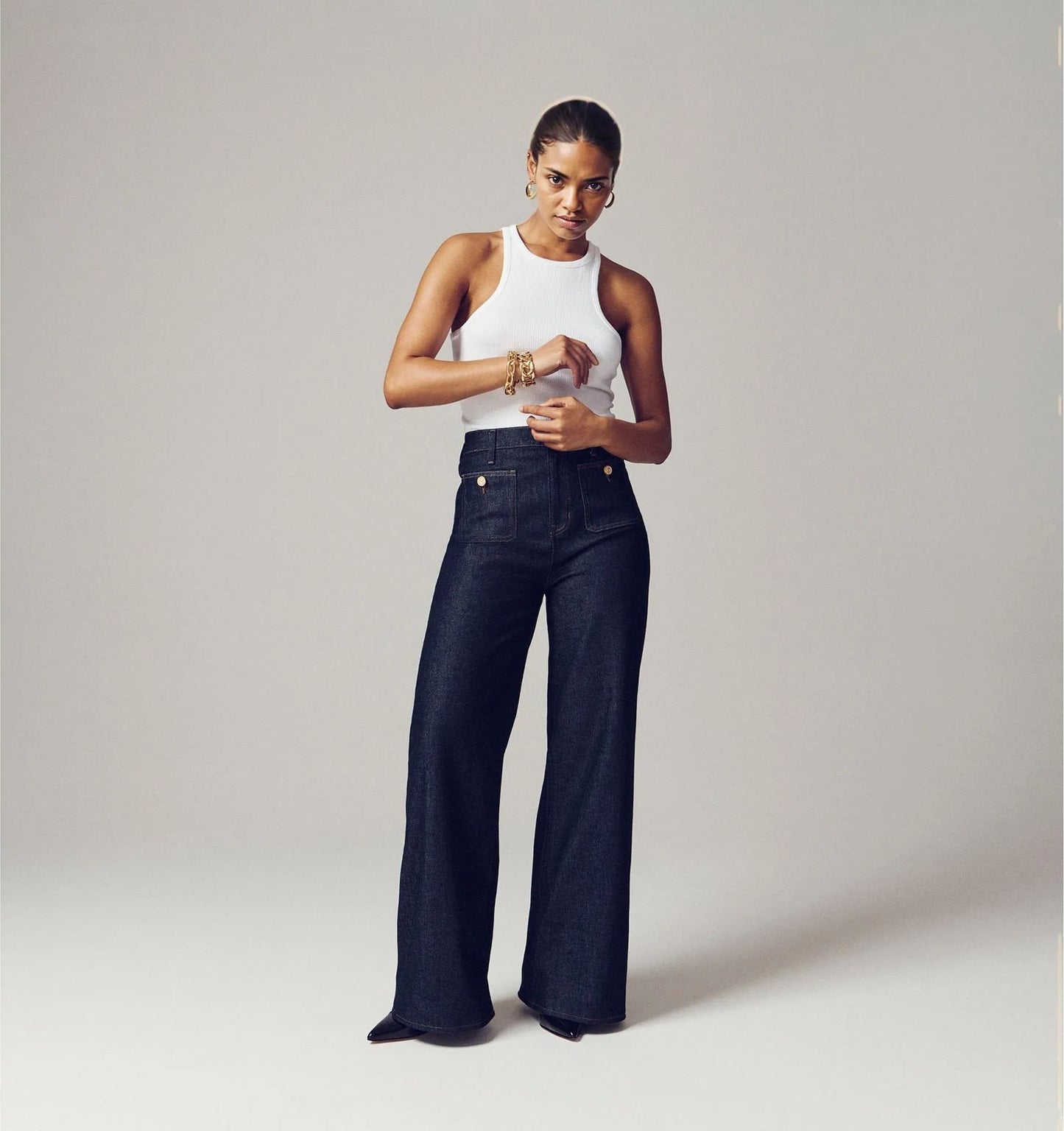 Jeans donna Sabrina larghi con vita alta e bottoni decorativi stile Blu marinaa, in denim morbido e confortevole