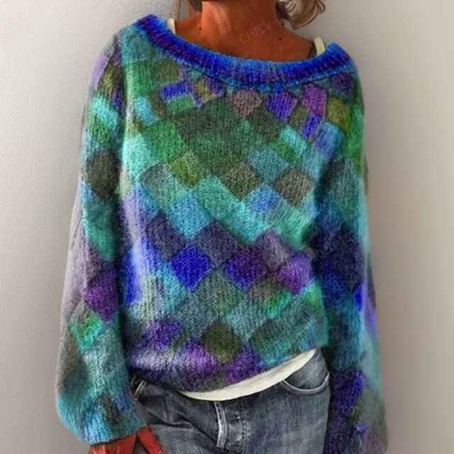 Maglione donna Azaria con motivo geometrico retrò e scollo ovale, dal taglio fluido e vestibilità comoda