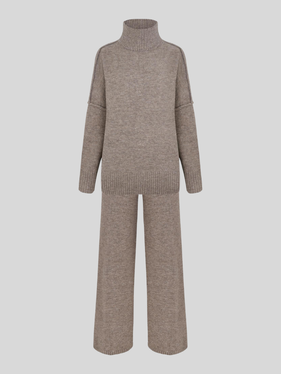 Completo donna Bettina chic fluido con pantaloni ampi e top a collo alto, look raffinato e moderno