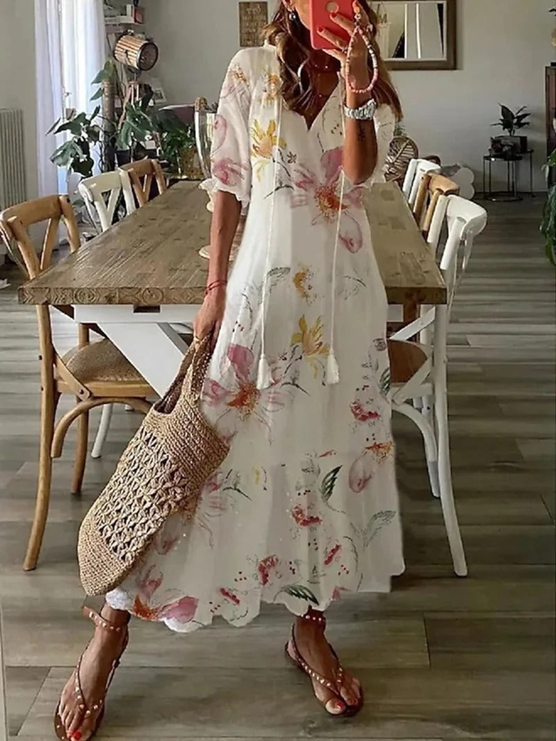 Abito lungo bohemien donna Miranda, tessuto leggero