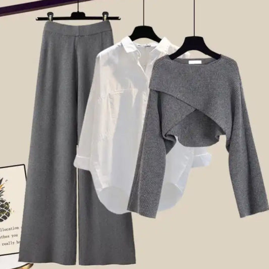 Completo donna Elettra con pantaloni svasati, camicia a maniche lunghe e top intrecciato, stile elegante e moderno per outfit raffinati