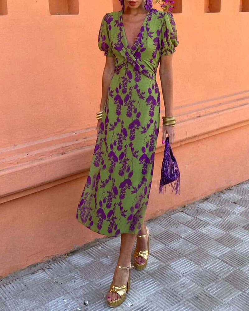 Abito lungo floreale da donna con scollo a V e maniche corte leggere