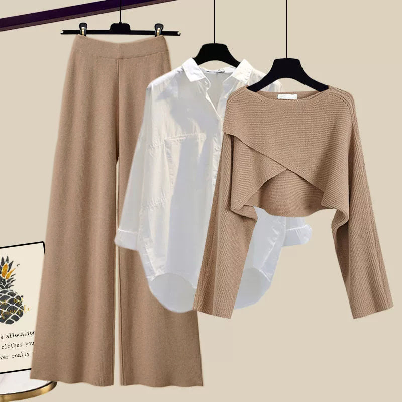 Completo donna Elettra con pantaloni svasati, camicia a maniche lunghe e top intrecciato, stile elegante e moderno per outfit raffinati