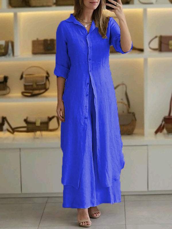 Completo due pezzi donna Odett con camicia elegante e pantaloni ampi