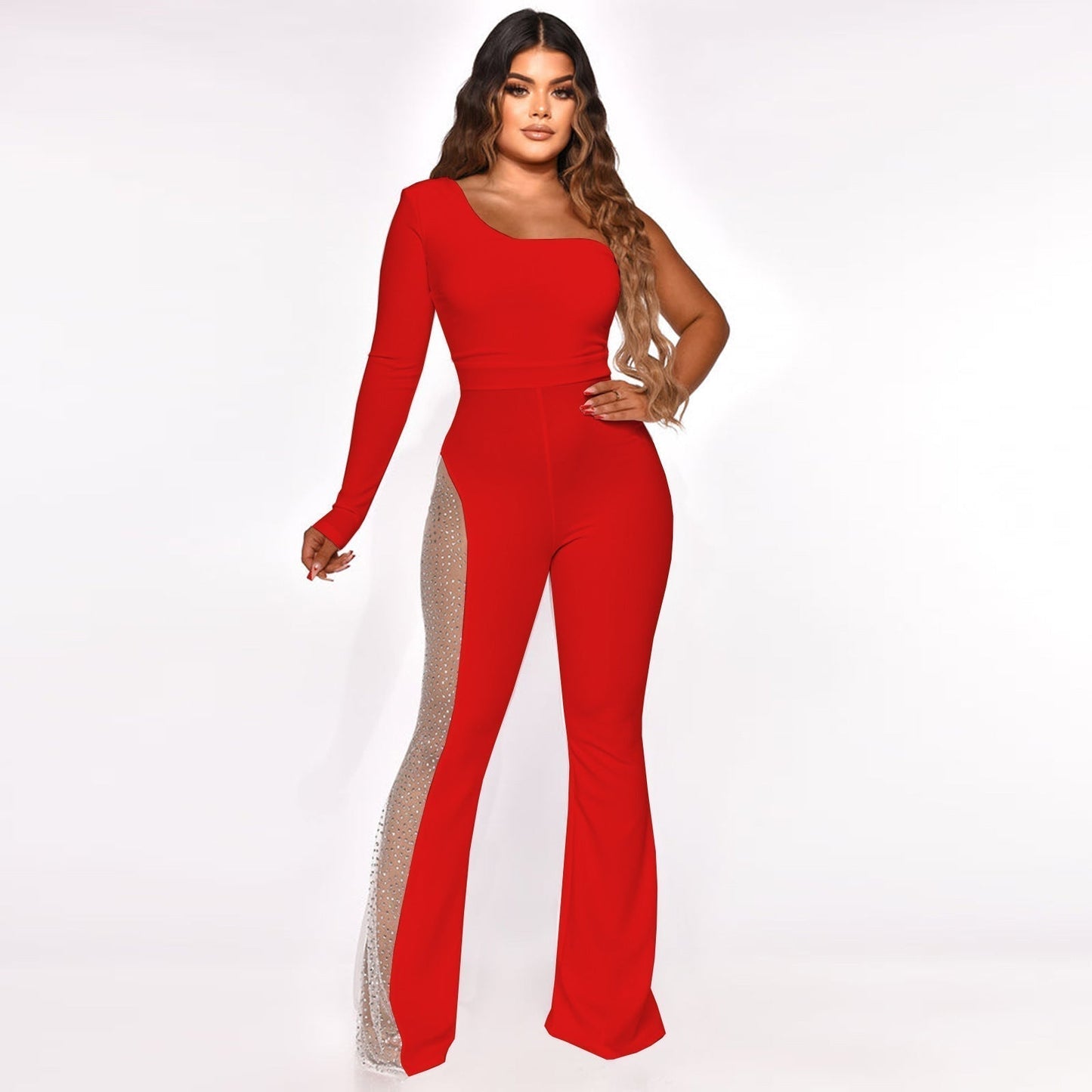 Tuta donna Elvira monospalla con dettagli scintillanti e taglio asimmetrico, ideale per look eleganti e raffinati