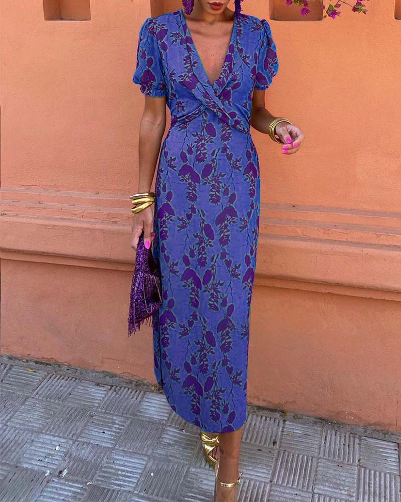 Abito lungo floreale da donna con scollo a V e maniche corte leggere