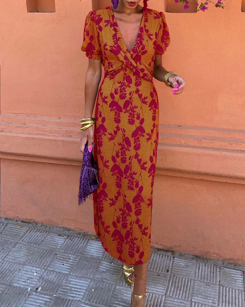 Abito lungo floreale da donna con scollo a V e maniche corte leggere