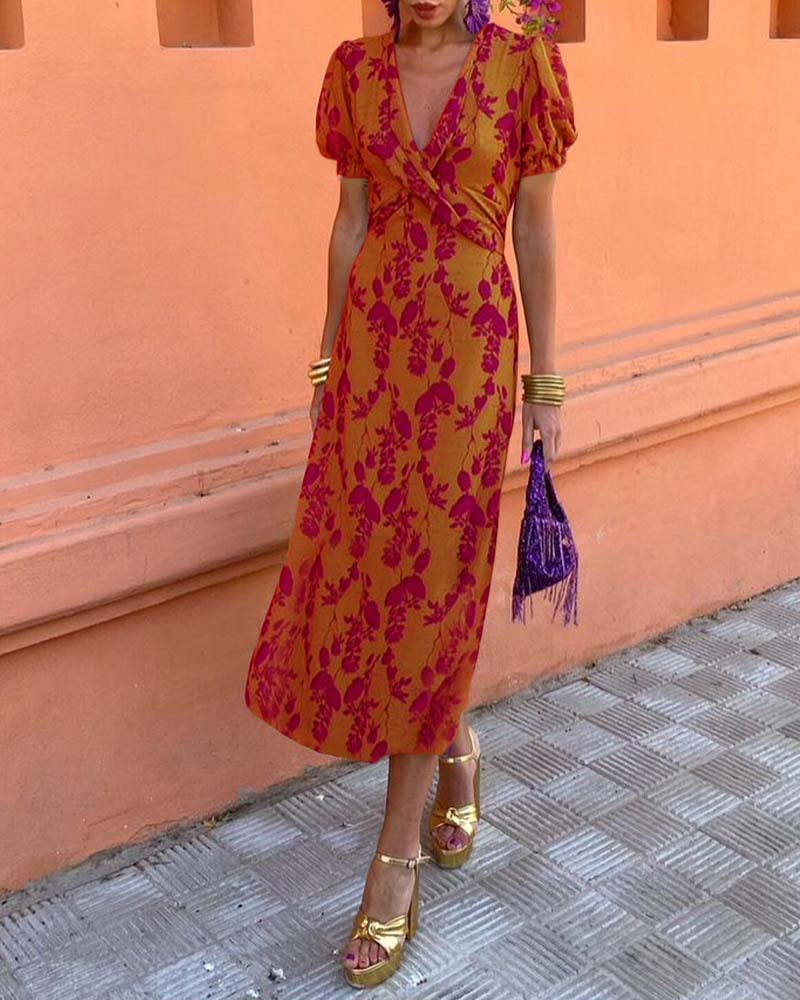 Abito lungo floreale da donna con scollo a V e maniche corte leggere