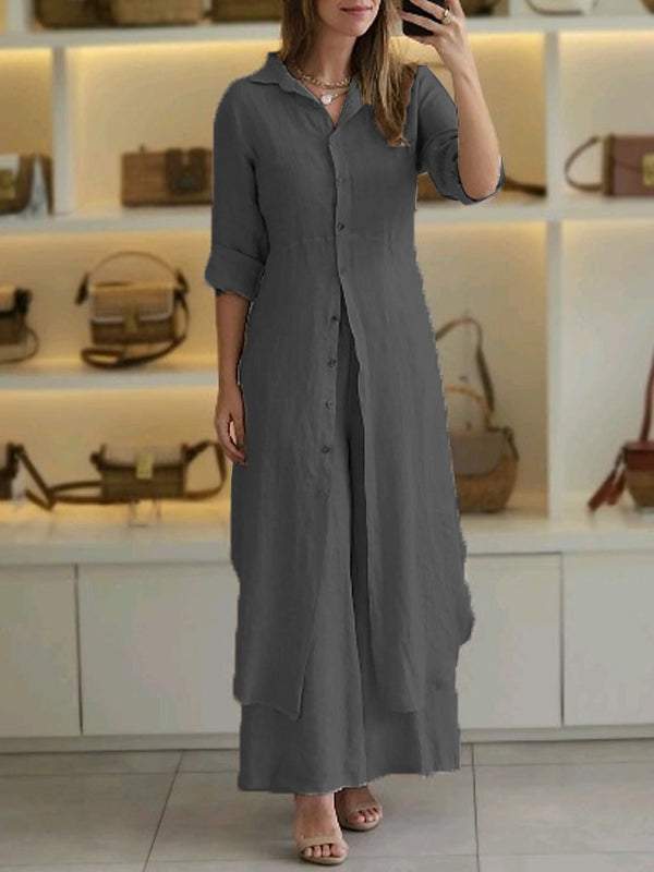 Completo due pezzi donna Odett con camicia elegante e pantaloni ampi