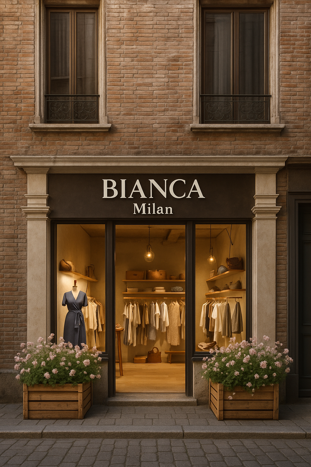 Vetrina di una boutique "BIANCA Milan" su facciata di mattoni con due finestre superiori; all’ingresso manichino con abito blu e interno illuminato con capi neutri appesi, delimitato da fioriere in legno con gerani rosa.