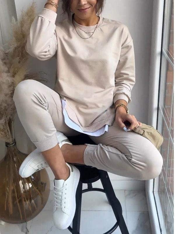 Completo donna Isotta due pezzi con pantaloni fluidi e camicia maniche lunghe effetto patchwork