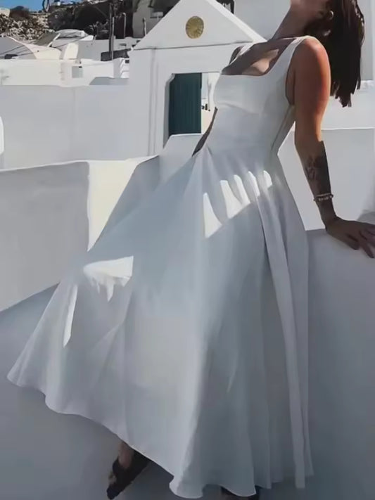 Abito midi donna Bianca con scollo quadrato e vita alta