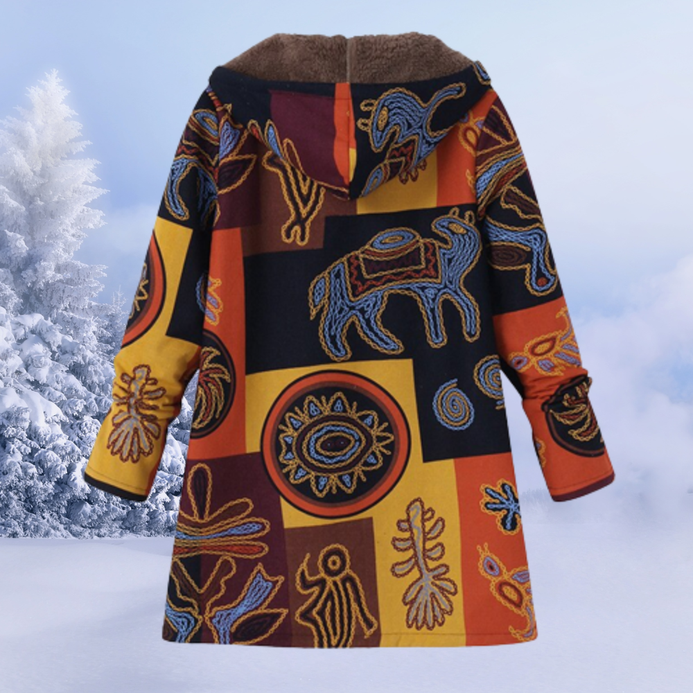 Cappotto donna Nastasia con cappuccio e fantasia floreale, silhouette fluida e dettagli eleganti per look invernali sofisticati