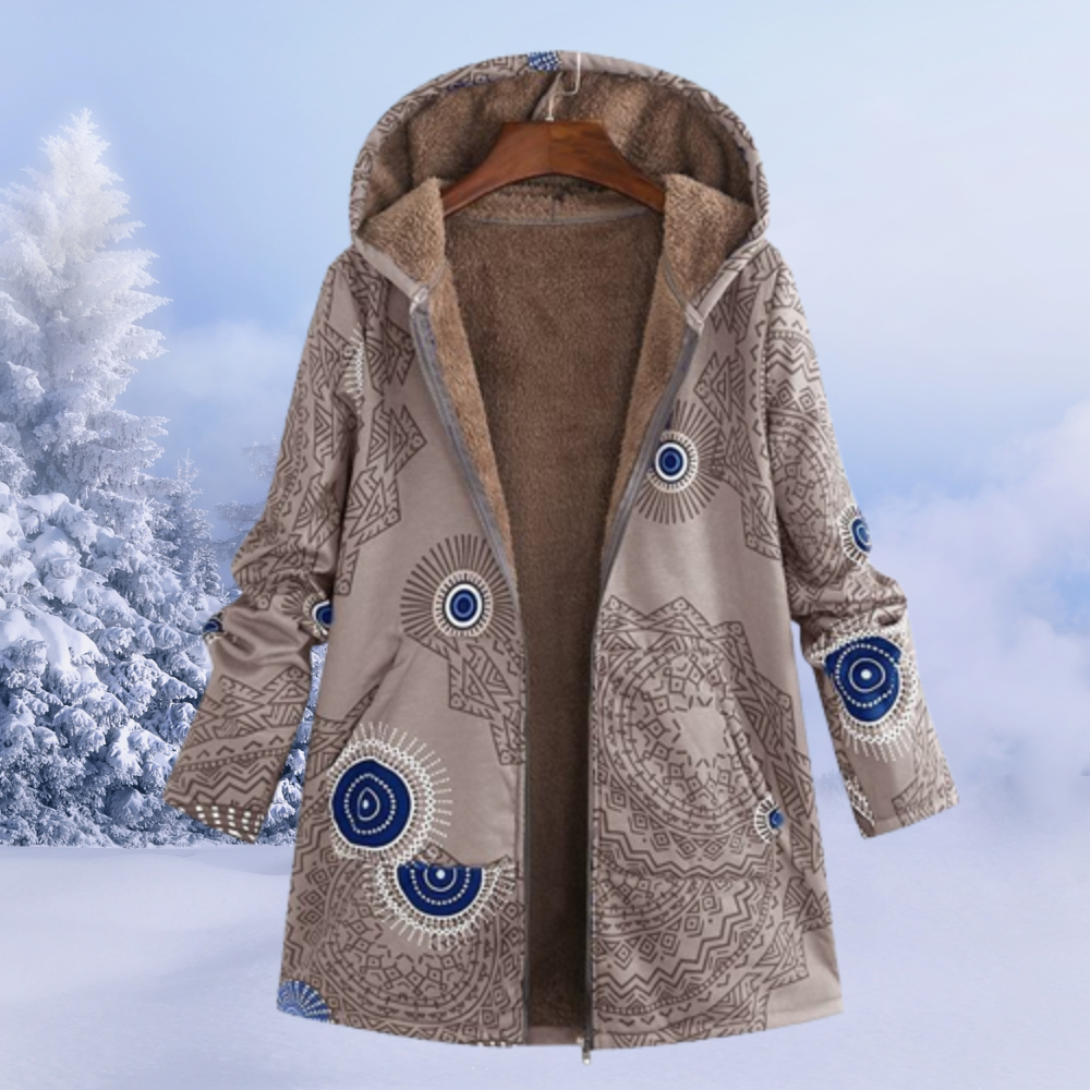 Cappotto donna Nastasia con cappuccio e fantasia floreale, silhouette fluida e dettagli eleganti per look invernali sofisticati