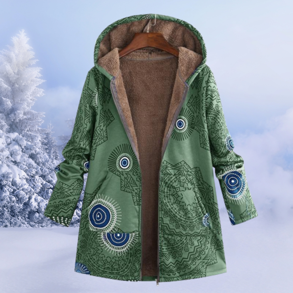 Cappotto donna Nastasia con cappuccio e fantasia floreale, silhouette fluida e dettagli eleganti per look invernali sofisticati