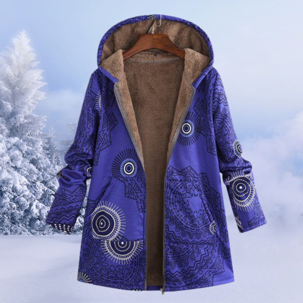 Cappotto donna Nastasia con cappuccio e fantasia floreale, silhouette fluida e dettagli eleganti per look invernali sofisticati