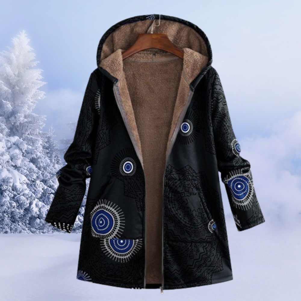 Cappotto donna Nastasia con cappuccio e fantasia floreale, silhouette fluida e dettagli eleganti per look invernali sofisticati