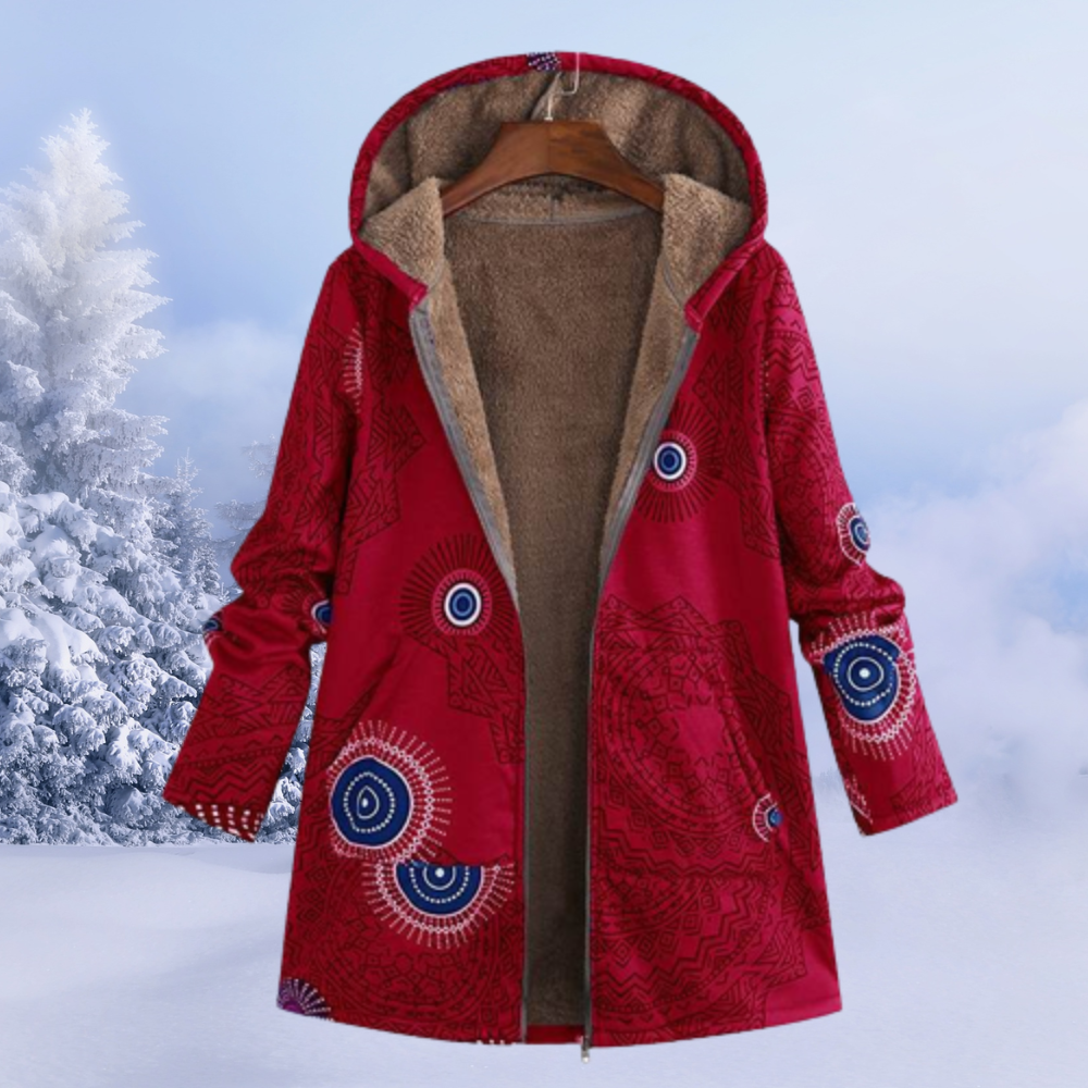 Cappotto donna Nastasia con cappuccio e fantasia floreale, silhouette fluida e dettagli eleganti per look invernali sofisticati