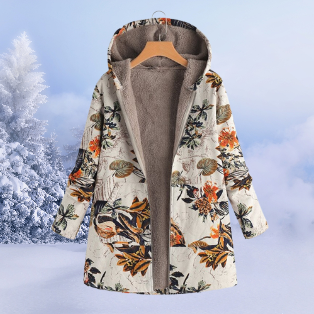 Cappotto donna Nastasia con cappuccio e fantasia floreale, silhouette fluida e dettagli eleganti per look invernali sofisticati