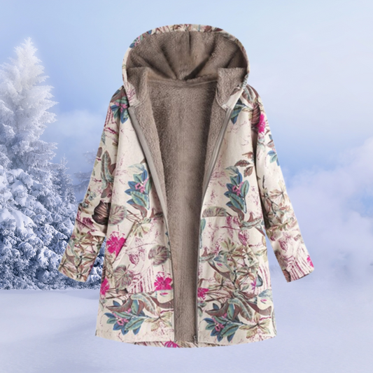 Cappotto donna Nastasia con cappuccio e fantasia floreale, silhouette fluida e dettagli eleganti per look invernali sofisticati