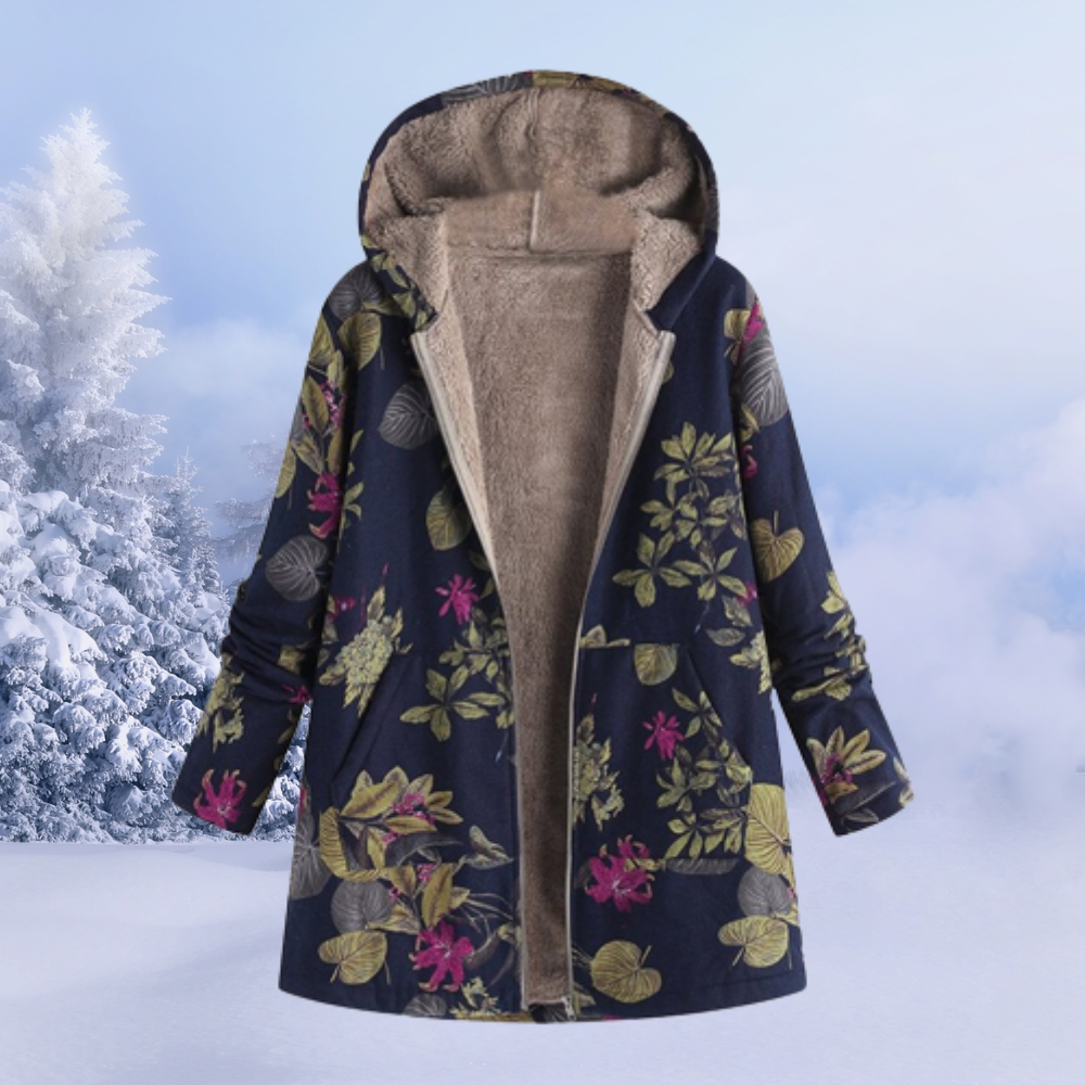 Cappotto donna Nastasia con cappuccio e fantasia floreale, silhouette fluida e dettagli eleganti per look invernali sofisticati