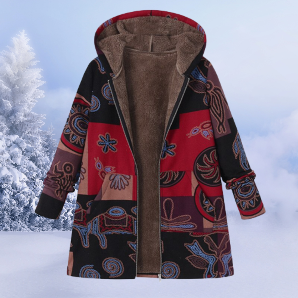 Cappotto donna Nastasia con cappuccio e fantasia floreale, silhouette fluida e dettagli eleganti per look invernali sofisticati