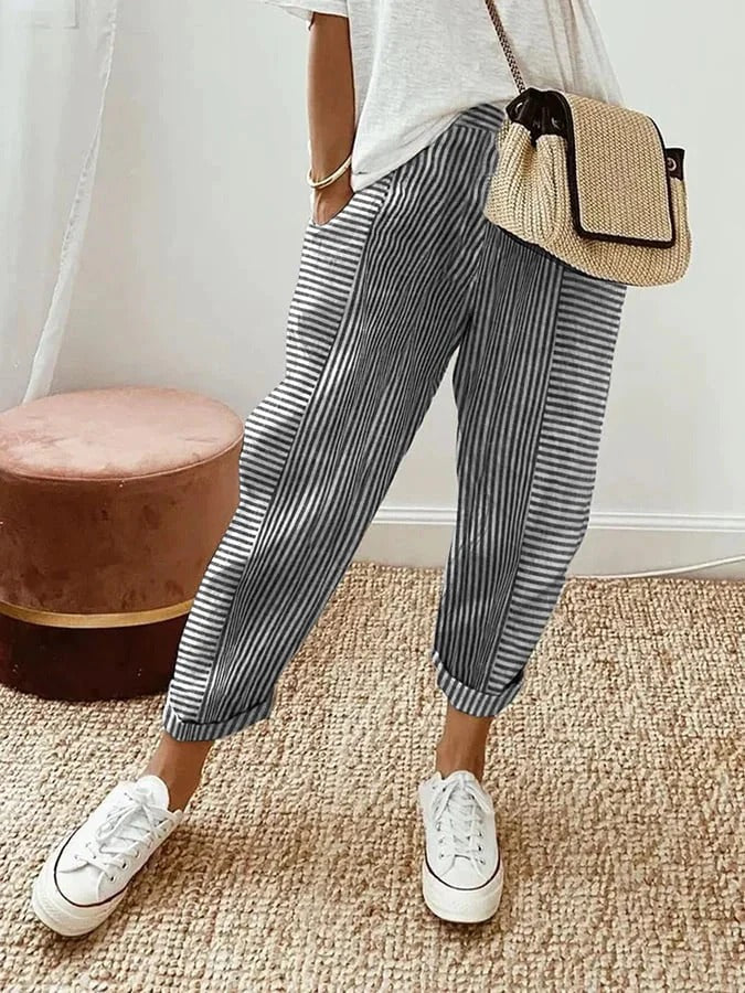 Pantaloni strisciati da donna Lore in misto lino con vita regolabile ed elastica