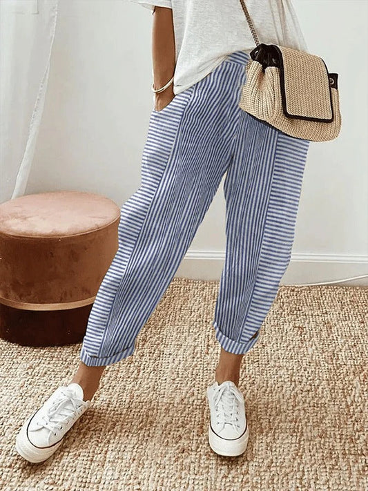 Pantaloni strisciati da donna Lore in misto lino con vita regolabile ed elastica
