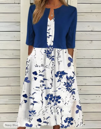 Bianca | Completo midi con abito a fiori e blazer