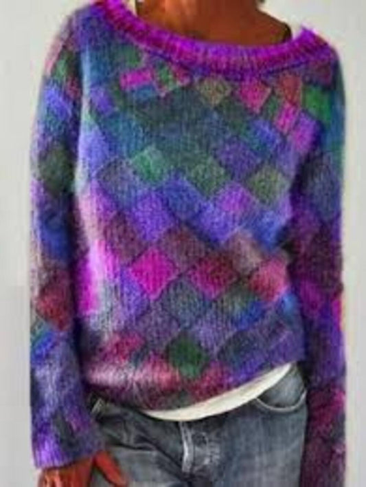 Maglione donna Azaria con motivo geometrico retrò e scollo ovale, dal taglio fluido e vestibilità comoda