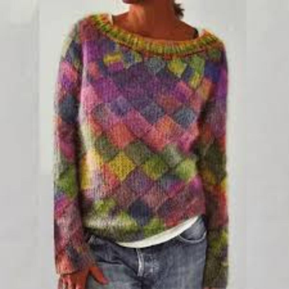 Maglione donna Azaria con motivo geometrico retrò e scollo ovale, dal taglio fluido e vestibilità comoda