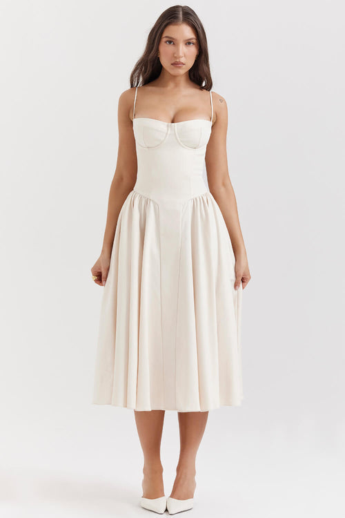 Abito midi donna Brisella strutturato con corpino aderente e lunghezza elegante, look raffinato e femminile