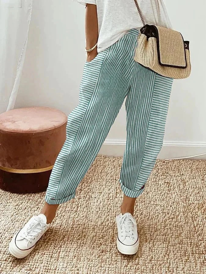 Pantaloni strisciati da donna Lore in misto lino con vita regolabile ed elastica
