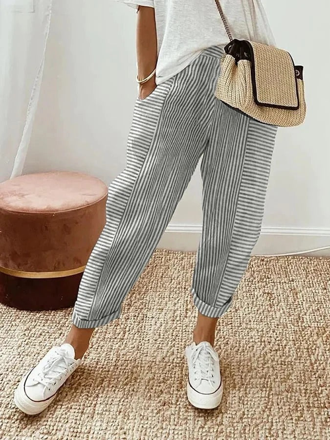 Pantaloni strisciati da donna Lore in misto lino con vita regolabile ed elastica