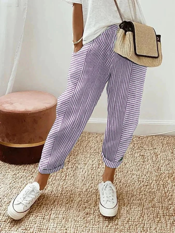 Pantaloni strisciati da donna Lore in misto lino con vita regolabile ed elastica