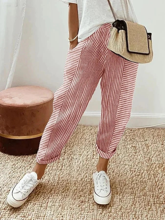 Pantaloni strisciati da donna Lore in misto lino con vita regolabile ed elastica
