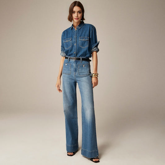 Jeans donna Sabrina larghi con vita alta e bottoni decorativi stile Blu marinaa, in denim morbido e confortevole