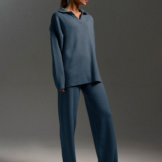 Completo 2 pezzi Avril con top a scollo a V e pantaloni a gamba larga, elegante e rilassato