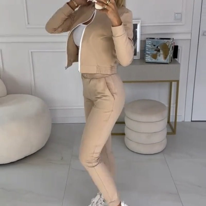 Completo 3 pezzi donna Domenica con giacca zip, top e pantaloni casual