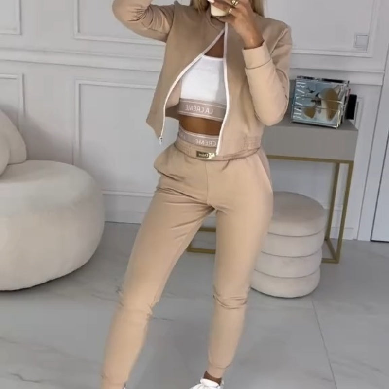 Completo 3 pezzi donna Domenica con giacca zip, top e pantaloni casual